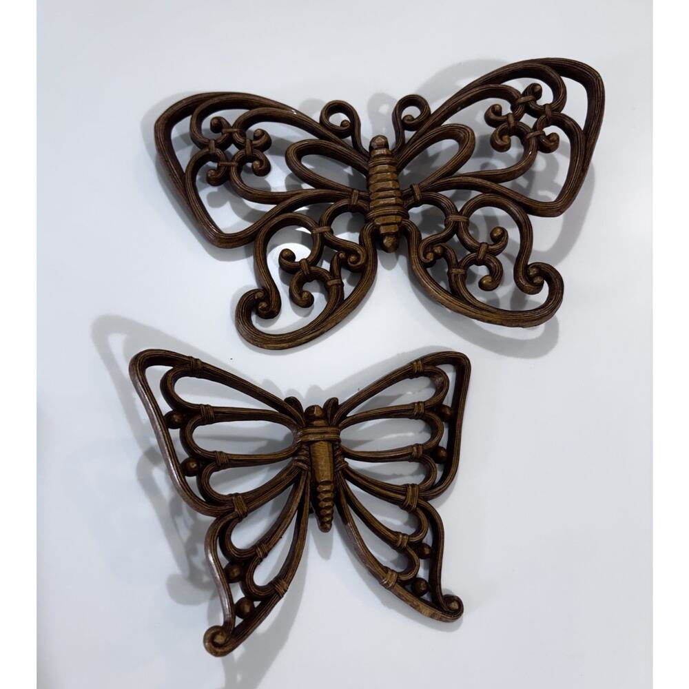 Vintage 1978 Butterfly Wall Decor Set 2 Brown Rattan Look Resin Homco Dart Boho